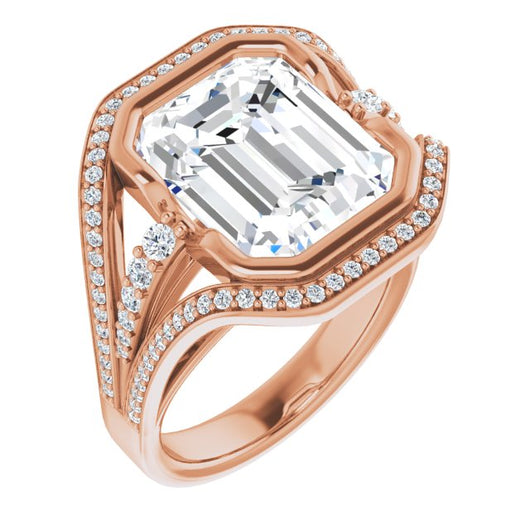 10K Rose Gold Customizable Cathedral-Bezel Emerald/Radiant Cut Design with Wide Triple-Split-Pavé Band