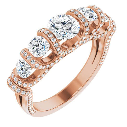 10K Rose Gold Customizable Bar-set Round Cut 5-stone Design Plus Grandiose Pavé Accents