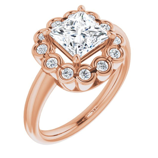 10K Rose Gold Customizable 13-stone Princess/Square Cut Design with Floral-Halo Round Bezel Accents