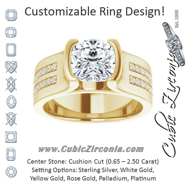 Cubic Zirconia Engagement Ring- The Jennifer (Customizable Bezel-set Cushion Cut Design with Thick Band featuring Double-Row Shared Prong Accents)