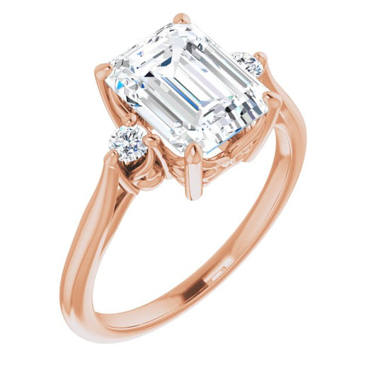 10K Rose Gold Customizable Three-stone Emerald/Radiant Cut Design with Small Round Accents and Vintage Trellis/Basket