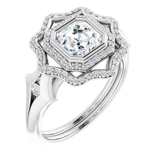 10K White Gold Customizable Cathedral-bezel Asscher Cut Design with Floral Double Halo and Channel-Accented Split Band