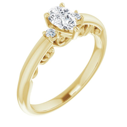 10K Yellow Gold Customizable Pear Cut 3-stone Style featuring Heart-Motif Band Enhancement