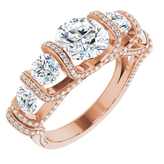 10K Rose Gold Customizable Bar-set Round Cut 5-stone Design Plus Grandiose Pavé Accents