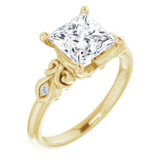 10K Yellow Gold Customizable 3-stone Princess/Square Cut Design with Small Round Accents and Filigree