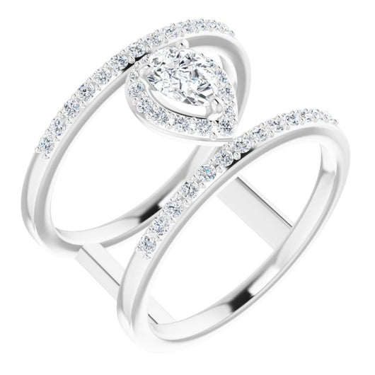 10K White Gold Customizable Pear Cut Halo Design with Open, Ultrawide Harness Double Pavé Band