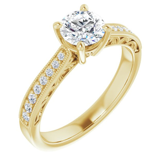 10K Yellow Gold Customizable Round Cut Design with Round Band Accents and Three-sided Filigree Engraving