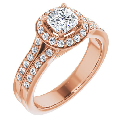 10K Rose Gold Customizable Cushion Cut Halo Style with Accented Split-Band