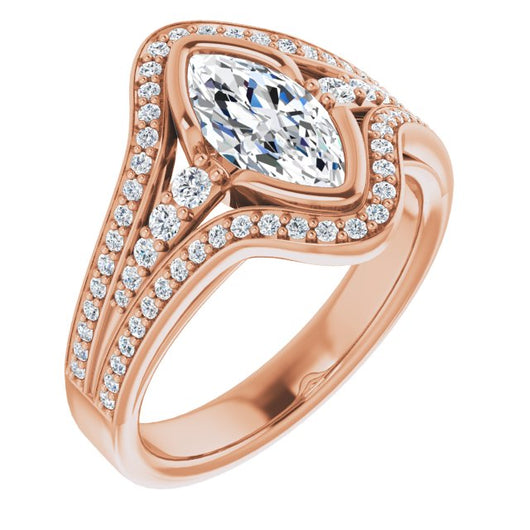 10K Rose Gold Customizable Cathedral-Bezel Marquise Cut Design with Wide Triple-Split-Pavé Band