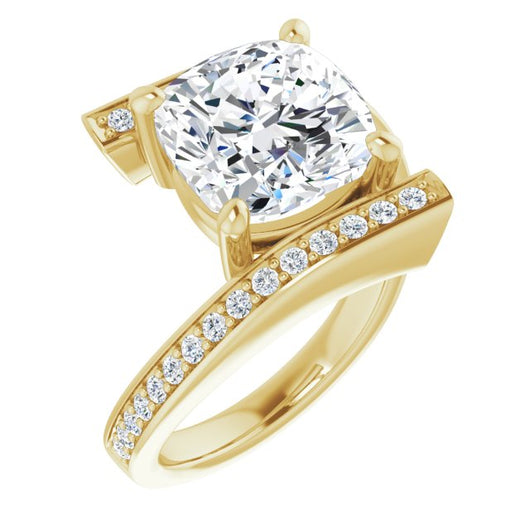 10K Yellow Gold Customizable Faux-Bar-set Cushion Cut Design with Accented Bypass Band