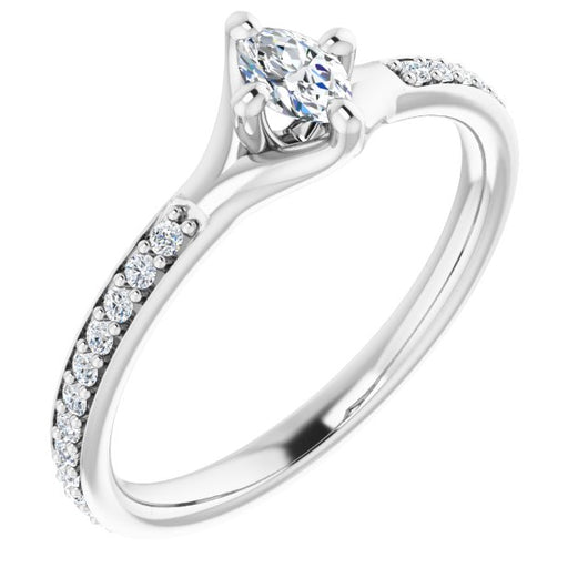 10K White Gold Customizable Marquise Cut Design featuring Thin Band and Shared-Prong Round Accents