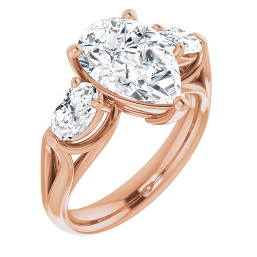 10K Rose Gold Customizable Cathedral-set 3-stone Pear Cut Style with Dual Oval Cut Accents & Wide Split Band