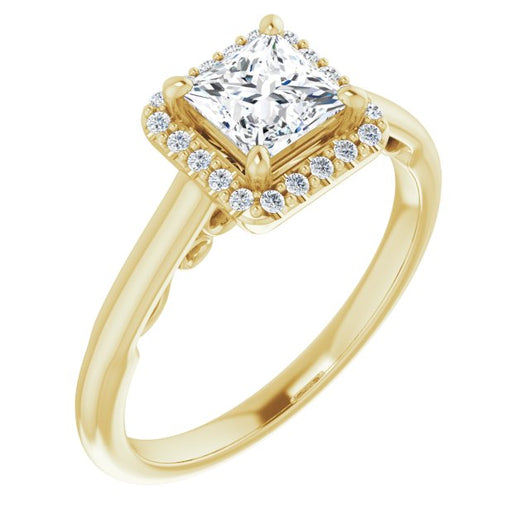 10K Yellow Gold Customizable Cathedral-Halo Princess/Square Cut Style featuring Sculptural Trellis