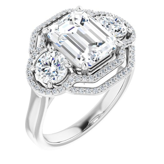 10K White Gold Customizable Cathedral-set Enhanced 3-stone Emerald/Radiant Cut Design with Multidirectional Halo