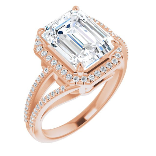 10K Rose Gold Customizable Emerald/Radiant Cut Vintage Design with Halo Style and Asymmetrical Split-Pavé Band