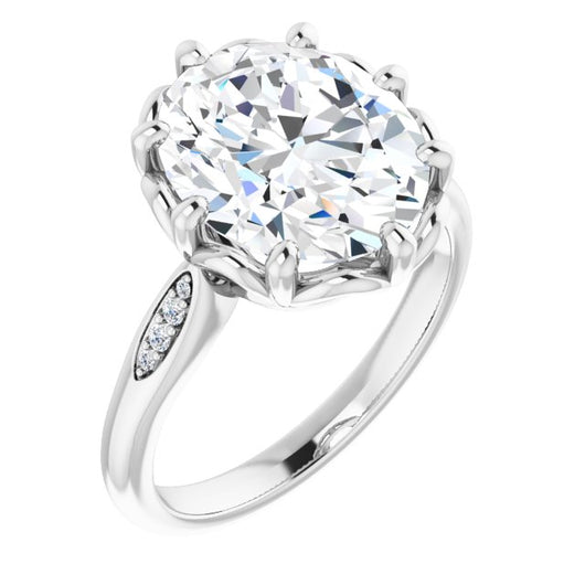 10K White Gold Customizable 9-stone Oval Cut Design with 8-prong Decorative Basket & Round Cut Side Stones