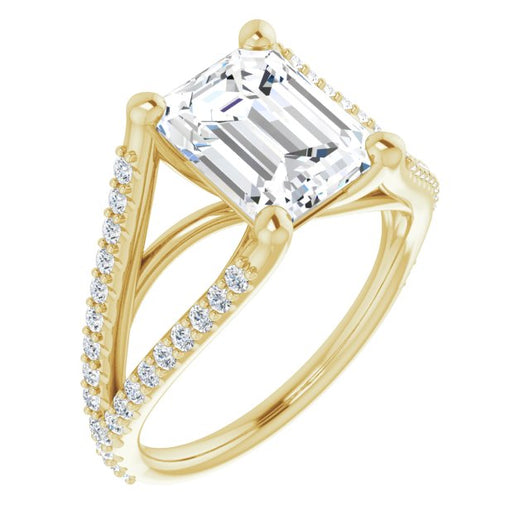 10K Yellow Gold Customizable Cathedral-raised Emerald/Radiant Cut Center with Exquisite Accented Split-band