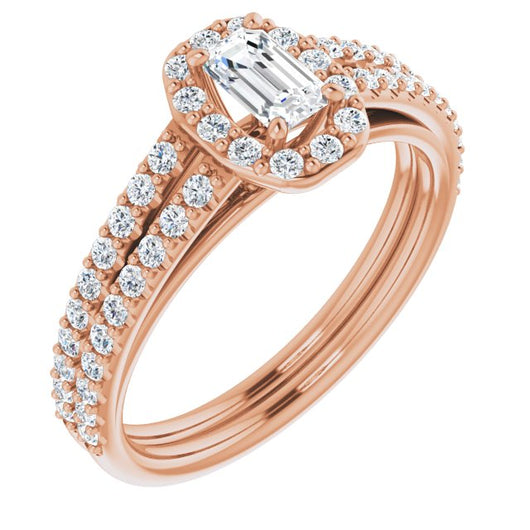 10K Rose Gold Customizable Cathedral Emerald/Radiant Cut Design with Geometric Halo & Split Pavé Band