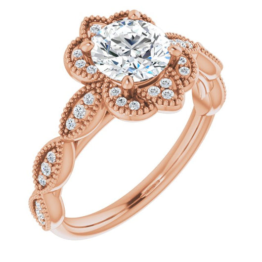 10K Rose Gold Customizable Cathedral-style Round Cut Design with Floral Segmented Halo & Milgrain+Accents Band