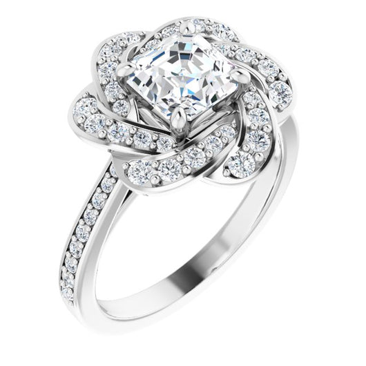 10K White Gold Customizable Cathedral-raised Asscher Cut Design with Floral/Knot Halo and Thin Accented Band