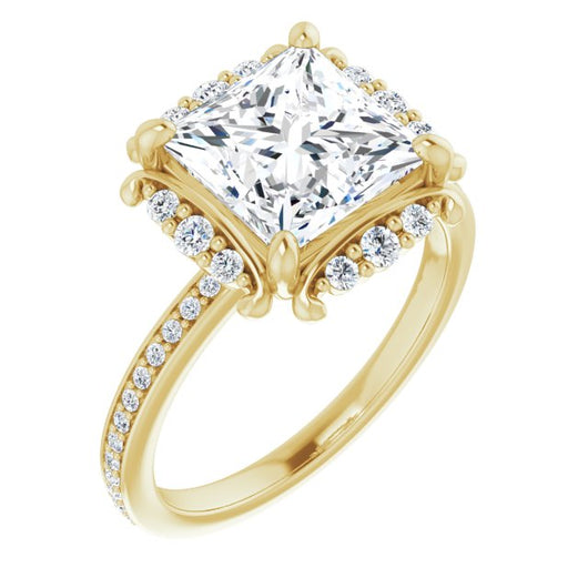 10K Yellow Gold Customizable Princess/Square Cut Style with Halo and Thin Shared Prong Band