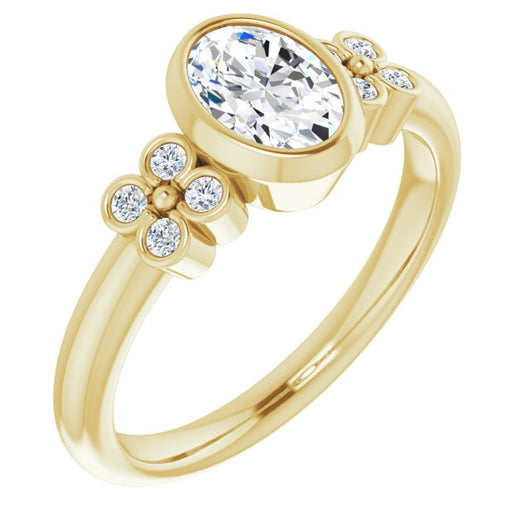 10K Yellow Gold Customizable 9-stone Bezel-set Oval Cut Design with Quad Round Bezel Side Stones Each Side