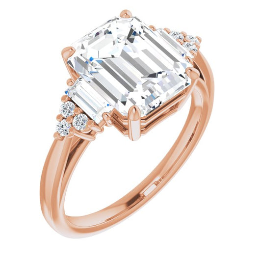 10K Rose Gold Customizable 9-stone Design with Emerald/Radiant Cut Center, Side Baguettes and Tri-Cluster Round Accents