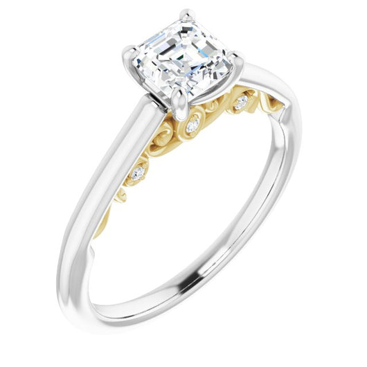 14K White & Yellow Gold Customizable Cathedral-set Asscher Cut Style featuring Peekaboo Trellis Hidden Stones