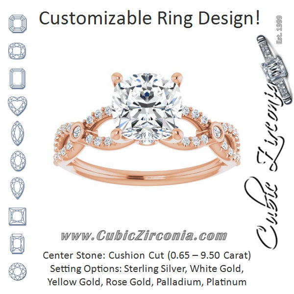 Cubic Zirconia Engagement Ring- The Aashi (Customizable Cushion Cut Design with Infinity-inspired Split Pavé Band and Bezel Peekaboo Accents)