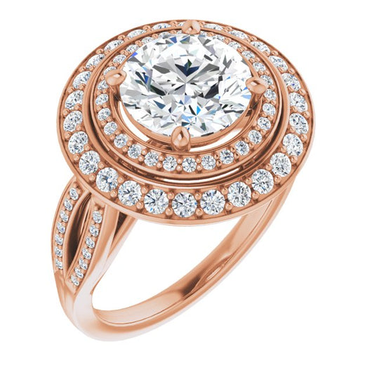 14K Rose Gold Customizable Cathedral-style Round Cut Design with Double Halo & Split-Pavé Band