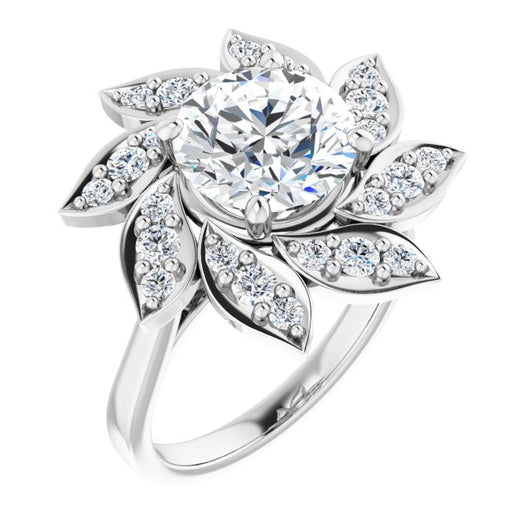 10K White Gold Customizable Round Cut Design with Artisan Floral Halo