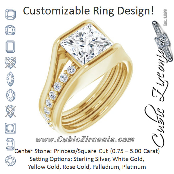 Cubic Zirconia Engagement Ring- The Hillary (Customizable Bezel-set Princess/Square Cut Style with Thick Pavé Band)