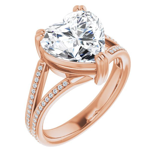 10K Rose Gold Customizable Heart Cut Center with 100-stone* "Waterfall" Pavé Split Band