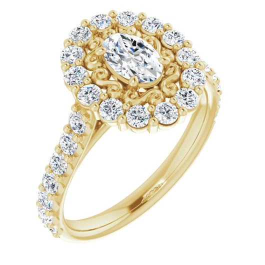 10K Yellow Gold Customizable Oval Cut Cathedral Style with Oversized Halo