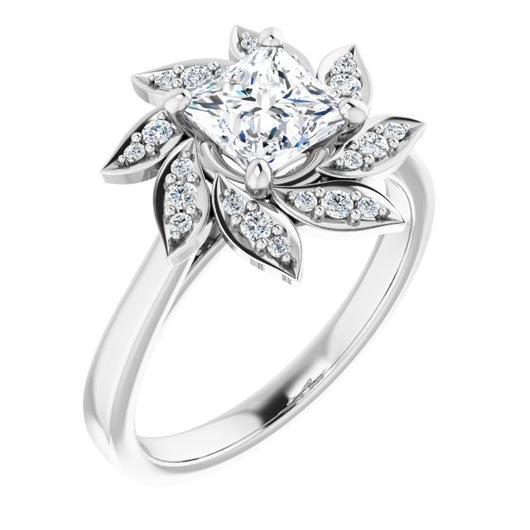 10K White Gold Customizable Princess/Square Cut Design with Artisan Floral Halo