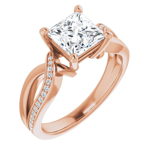 10K Rose Gold Customizable Princess/Square Cut Center with Curving Split-Band featuring One Shared Prong Leg