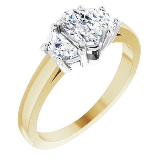 14K Yellow & White Gold Customizable 3-stone Design with Oval Cut Center and Half-moon Side Stones