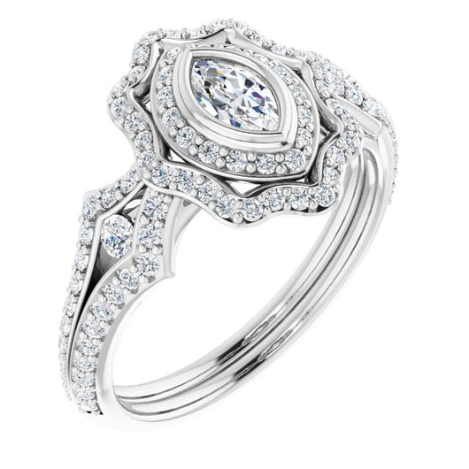 10K White Gold Customizable Marquise Cut Style with Ultra-wide Pavé Split-Band and Nature-Inspired Double Halo