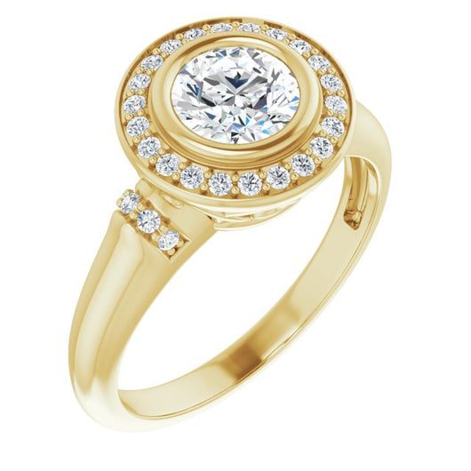 10K Yellow Gold Customizable Bezel-set Round Cut Design with Halo and Vertical Round Channel Accents