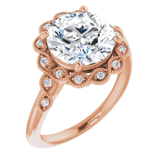 10K Rose Gold Customizable 3-stone Design with Round Cut Center and Halo Enhancement