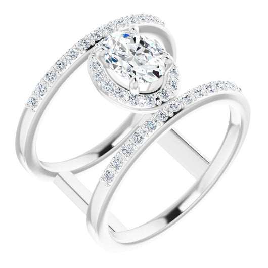 10K White Gold Customizable Oval Cut Halo Design with Open, Ultrawide Harness Double Pavé Band