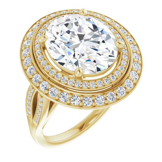 10K Yellow Gold Customizable Cathedral-style Oval Cut Design with Double Halo & Split-Pavé Band