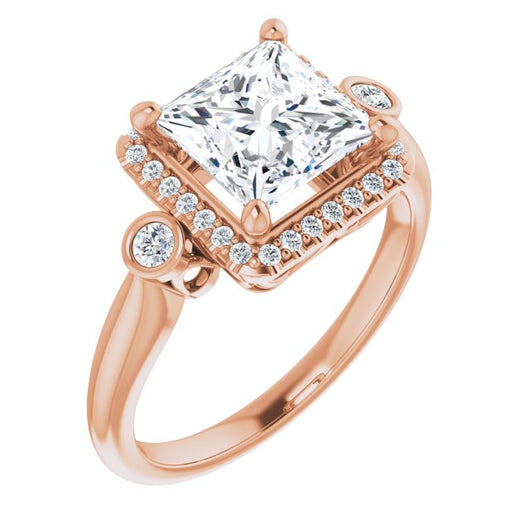 10K Rose Gold Customizable Princess/Square Cut Style with Halo and Twin Round Bezel Accents