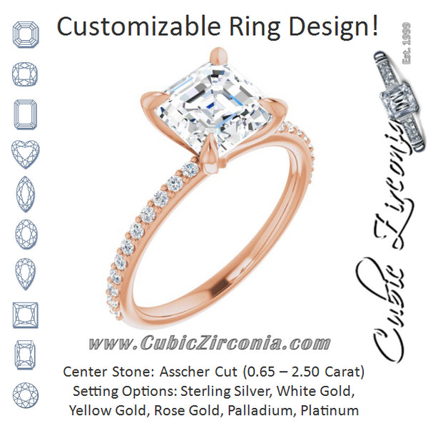 Cubic Zirconia Engagement Ring- The Geraldine Lea (Customizable Asscher Cut Style with Delicate Pavé Band)