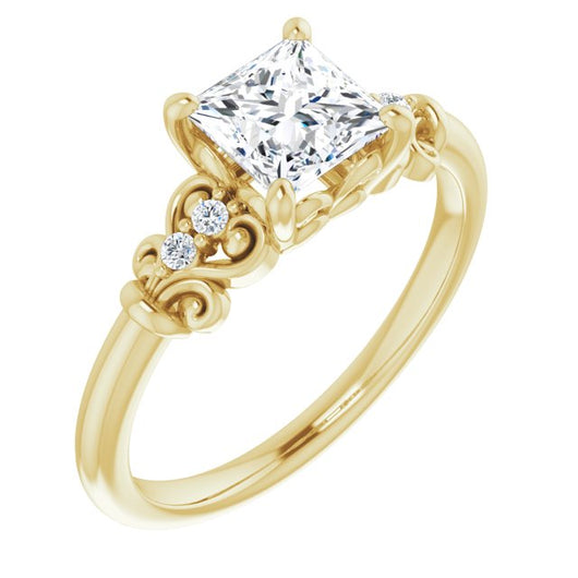 10K Yellow Gold Customizable Vintage 5-stone Design with Princess/Square Cut Center and Artistic Band Décor