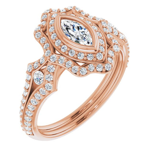 10K Rose Gold Customizable Marquise Cut Style with Ultra-wide Pavé Split-Band and Nature-Inspired Double Halo