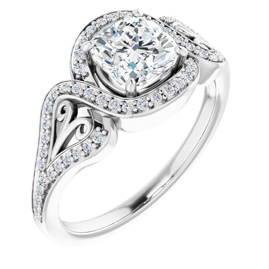 10K White Gold Customizable Cushion Cut Design with Bypass Halo and Split-Shared Prong Band