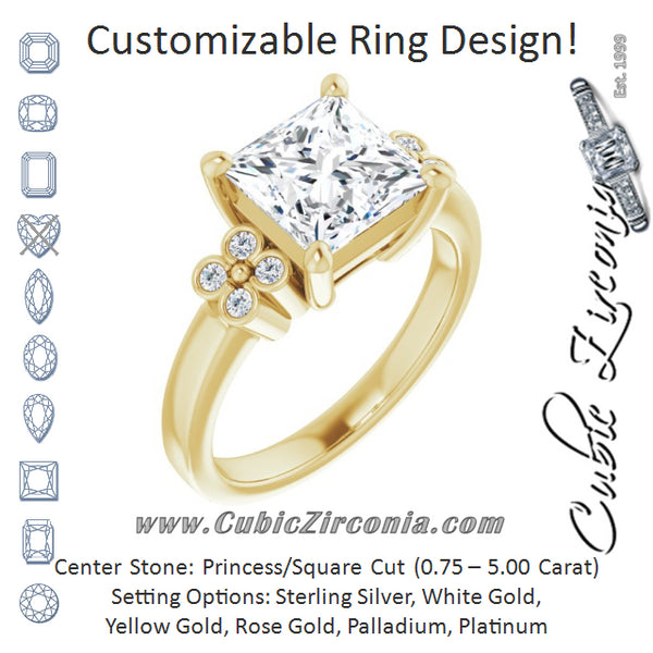 Cubic Zirconia Engagement Ring- The Heidi Grethe (Customizable 9-stone Design with Princess/Square Cut Center and Complementary Quad Bezel-Accent Sets)