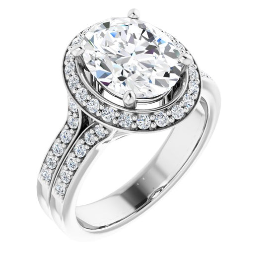 10K White Gold Customizable Oval Cut Halo Style with Accented Split-Band