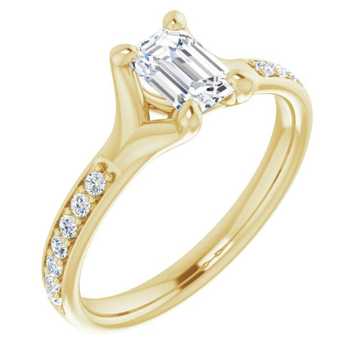 10K Yellow Gold Customizable Heavy Prong-Set Emerald/Radiant Cut Style with Round Cut Band Accents